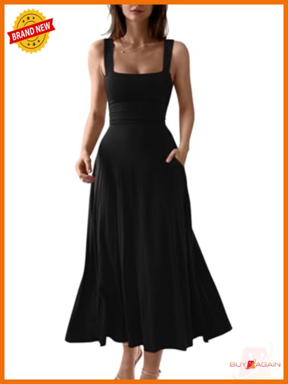 Women's Sleeveless Square Neck A-Line Flowy Long Maxi Dress